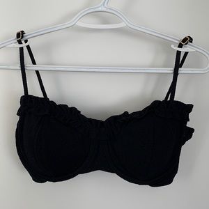 Bathing suit top, black, with shoulder straps & ruffle drop strap